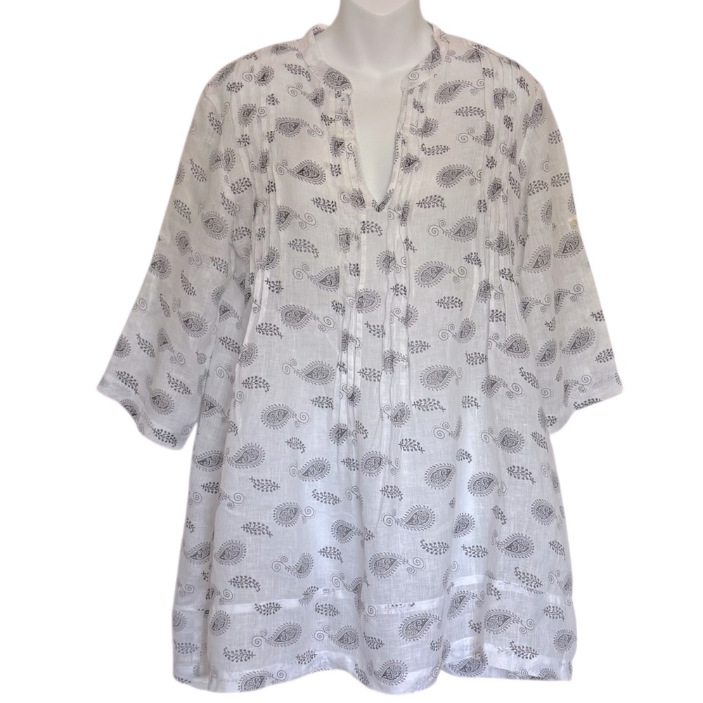 CP SHADES Regina Pintuck White Black Paisley Linen Tunic Top Dress Size Small S